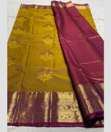 olive green colour kanchi pattu sarees with Jari Border design