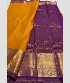 yellow and purple colour kanchi pattu sarees with Jari Border design