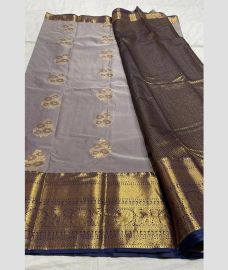 grey and brown colour kanchi pattu sarees with Jari Border design