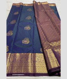 blue and brown colour kanchi pattu sarees with Jari Border design