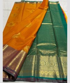 orange and brown colour kanchi pattu sarees with Jari Border design