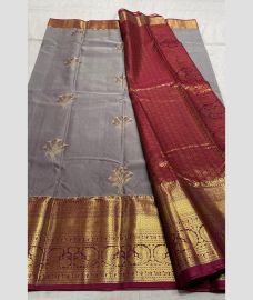 light blue and maroon red colour kanchi pattu sarees with Jari Border design