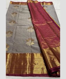 light blue and brown colour kanchi pattu sarees with Jari Border design