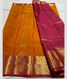 orange and purple colour kanchi pattu sarees with Jari Border design