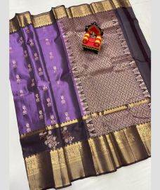 purple and brown colour kanchi pattu sarees with All over Buttas design