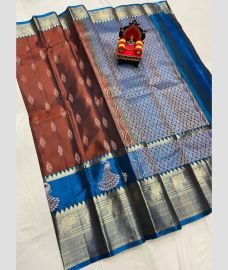 silver and coffee colour kanchi pattu sarees with All over Buttas design