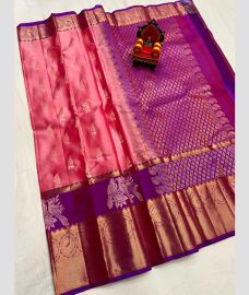 pink and silver colour kanchi pattu sarees with All over Buttas design