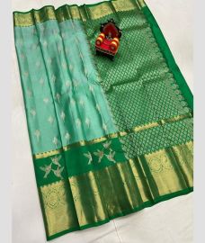 green and blue colour kanchi pattu sarees with All over Buttas design