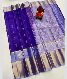 navy blue and silver colour kanchi pattu sarees with All over Buttas design