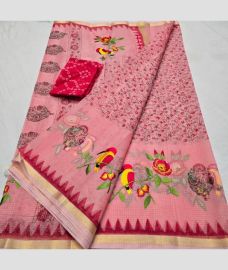 Baby Pink and Red kota sarees with All over Embroidery work design