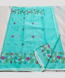 Turquoise kota sarees with All over Embroidery work design