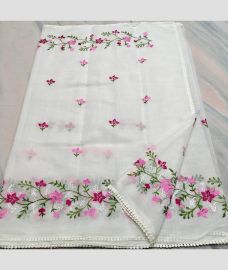 Half White kota sarees with All over Embroidery work design