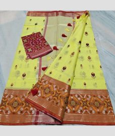 Canary Yellow and Orange kota sarees with All over Embroidery work design