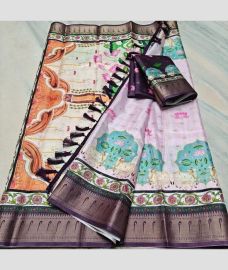 Cream and Dull Purple kota sarees with All over Printed design