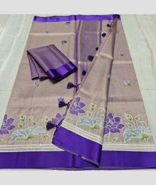Bisque and Purple kota sarees with All over Embroidery work design