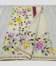 Cream and Golden kota sarees with All over Hand Brush Printed design
