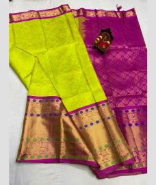 Emerald Green and Magenta kuppadam pattu sarees with Jari Border design