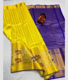 Yellow and Royal blue kuppadam pattu sarees with Jari Border design