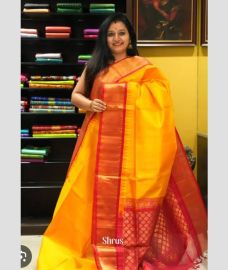 Mango Yellow and Red kuppadam pattu sarees with Temple Border design