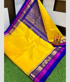 yellow colour kuppadam pattu sarees with Temple Border design