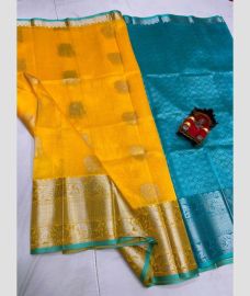 orange and blue colour kuppadam pattu sarees with All over design