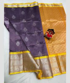 purple and silver colour kuppadam pattu sarees with All over design