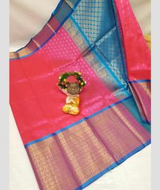 coral and cyan blue colour kuppadam pattu sarees with Kanchi Border design