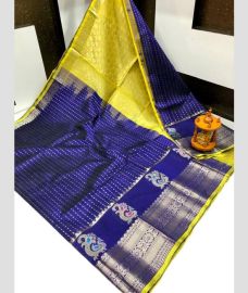 blue and yellow colour kuppadam pattu sarees with Kanchi Border Desing design