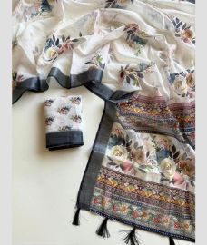 Half White and Black linen sarees with All over Floral Printed design