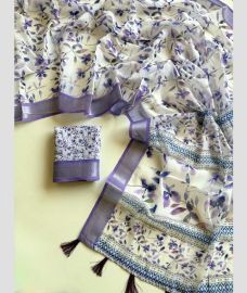 Cream and Purple linen sarees with All over Floral Printed design