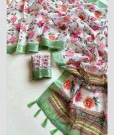 Cream and Green linen sarees with All over Floral Printed design
