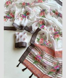 Cream and Chocolate linen sarees with All over Floral Printed design