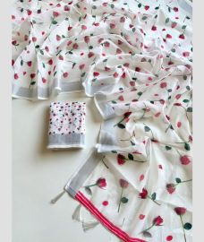 Half White and Pink linen sarees with All over Floral Printed design