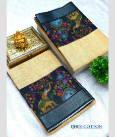 blue and cream colour linen sarees with All over Floral Printed design