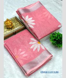 pink colour linen sarees with All over Floral Printed design