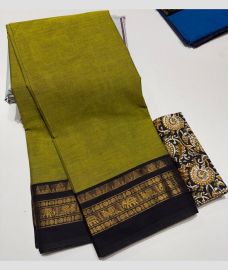 Acid Green and Black mangalagiri cotton sarees with Plain design