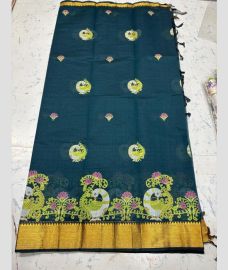 Dark Teal and Golden mangalagiri cotton sarees with Kanchi Border design