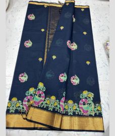Navy Blue and Golden mangalagiri cotton sarees with Kanchi Border design