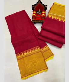 magenta red colour mangalagiri cotton sarees with Plain design
