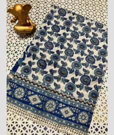cream and blue colour mangalagiri cotton sarees with All Over Printing design