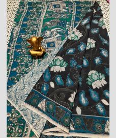 charcoal and cyan blue colour mangalagiri cotton sarees with All Over Printing design