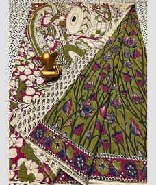 gray and olive green colour mangalagiri cotton sarees with All Over Printing design
