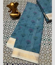 blue colour mangalagiri cotton sarees with All Over Printing design