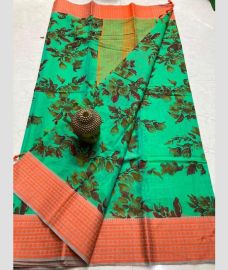 sea green colour mangalagiri cotton sarees with All Over Printing design