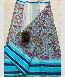 light blue and purple colour mangalagiri cotton sarees with All Over Printing design