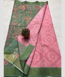pink and green colour mangalagiri cotton sarees with All Over Printing design