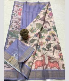 cream and blue colour mangalagiri cotton sarees with All Over Printing design