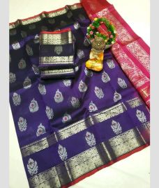 navy blue colour mangalagiri cotton sarees with Kanchi Border design