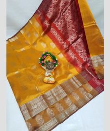 golden yellow colour mangalagiri cotton sarees with Kanchi Border design