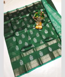 green and silver colour mangalagiri cotton sarees with Kanchi Border design